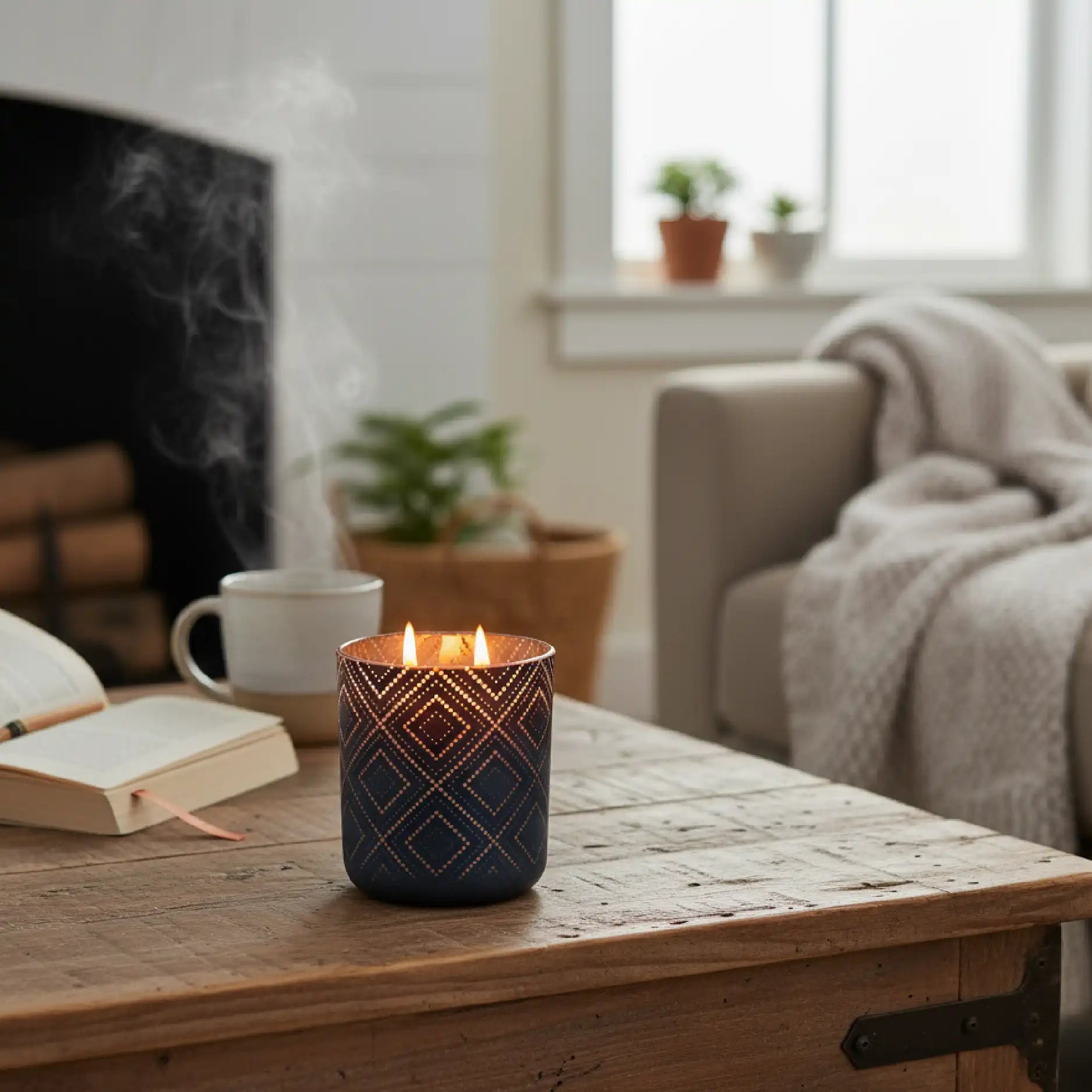 Custom Etched Candle in Cozy Living Room