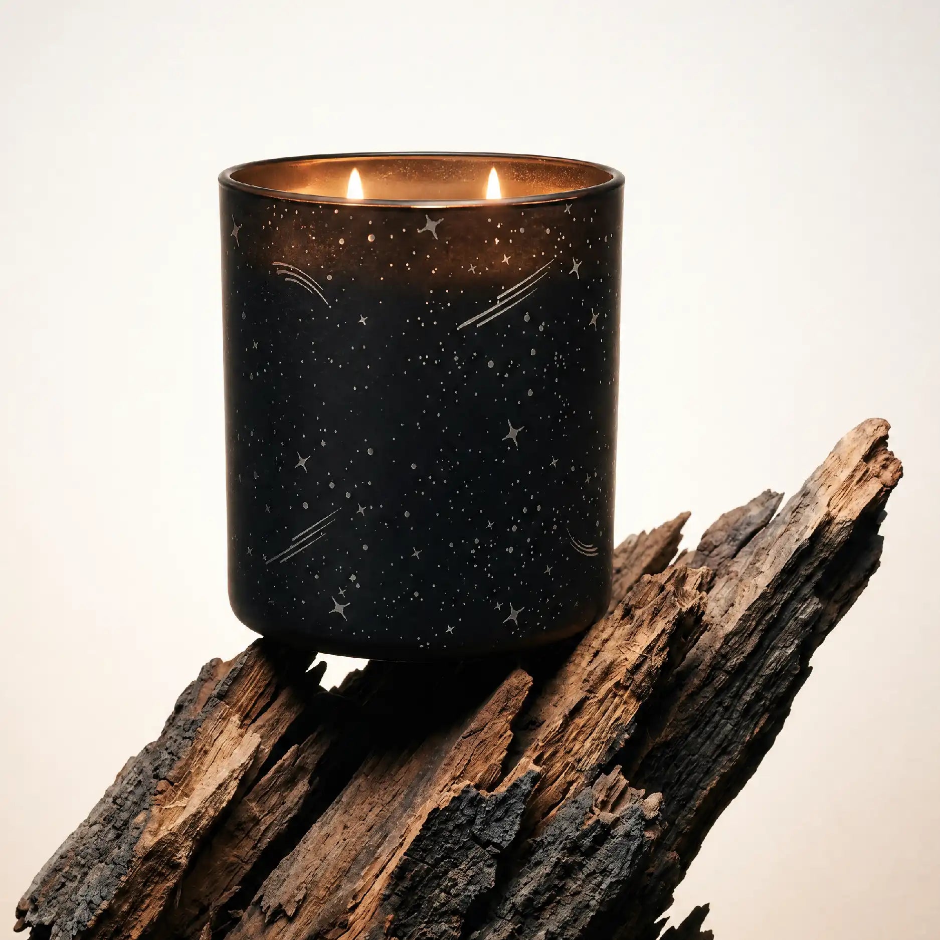 custom etched black galaxy design on driftwood