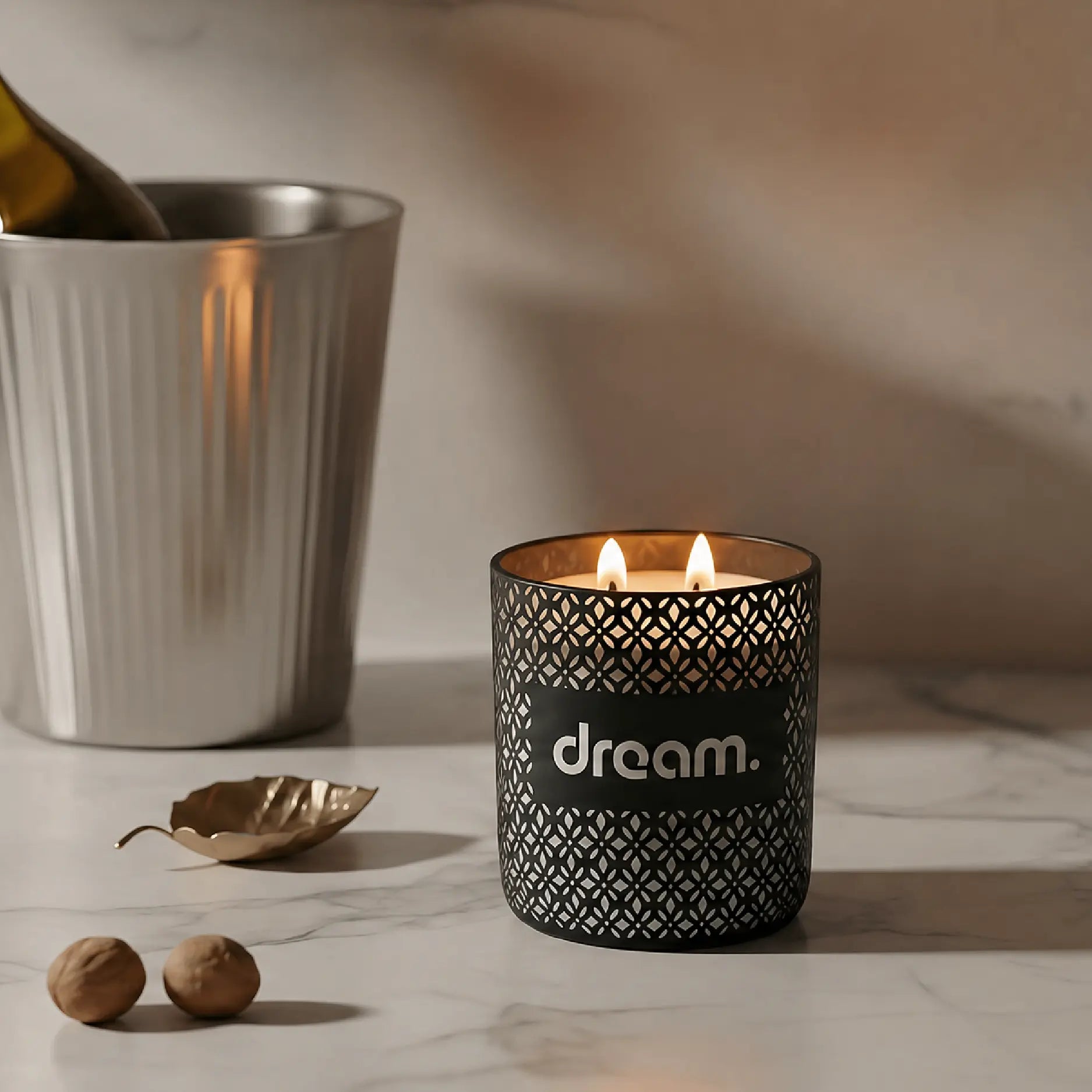 Laser etched Wild Journey candle with dream etching, custom patter on marble countertop