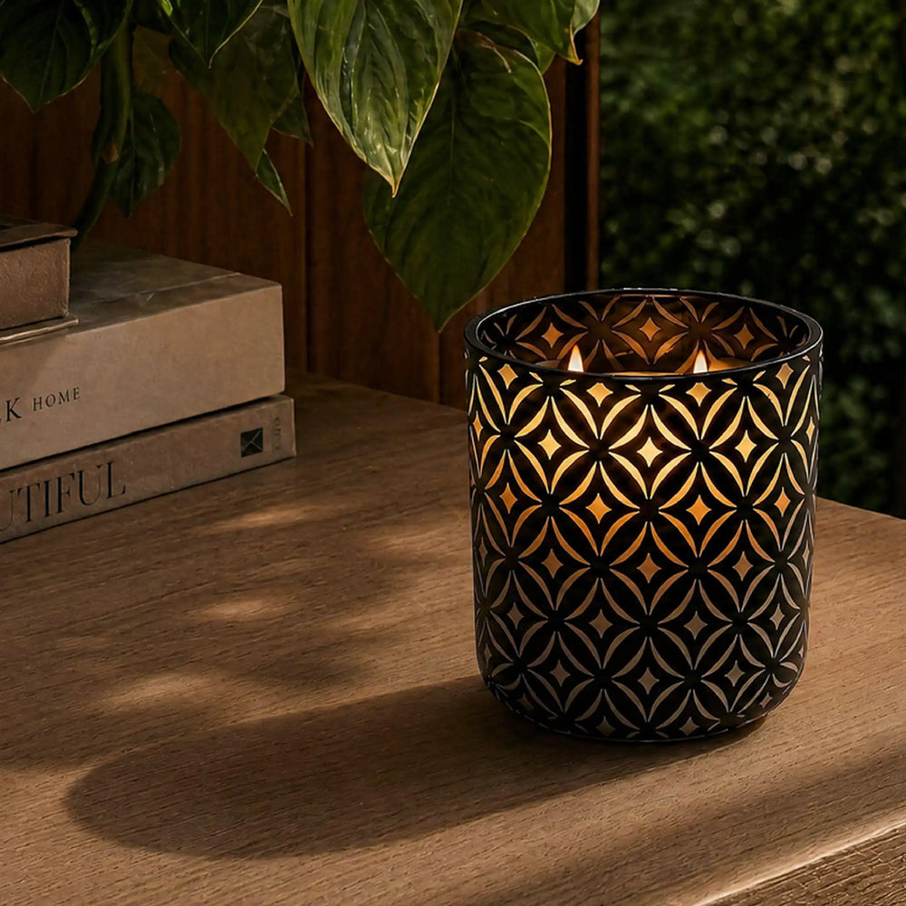 wild journey custom etched glowing candle lit on table